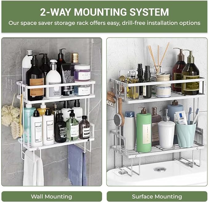 DINEST 2 Tier Over The Toilet Storage Shelf, Anti Resistant Bathroom Shelf Over Toilet Organizer, Multifunctional No Drilling Above Toilet Storage with Wall Mounting Design(White)