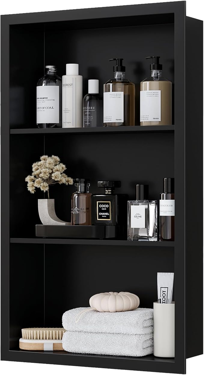 14x24 Recessed Medicine Cabinet, Medicine Cabinet No Mirror, 304 Stainless Steel Medicine Wall Niche with 3-Tiers Shelves, Matte Black