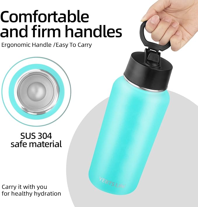 Insulated Water Bottle With Straw,32 oz Vacuum Insulated Stainless Steel Sports Water Flask,Keeps Cold and Hot,Metal Water Bottle Wide Mouth for Gym Travel Camping (Turquoise)
