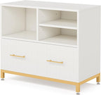 Tribesigns Lateral File Cabinet with Drawer, White Filing Cabinet for Letter/Legal/A4 Size Files, 35.4" Modern Wood File Storage Cabinets Printer Stand with Storage for Home, Office, White Gold