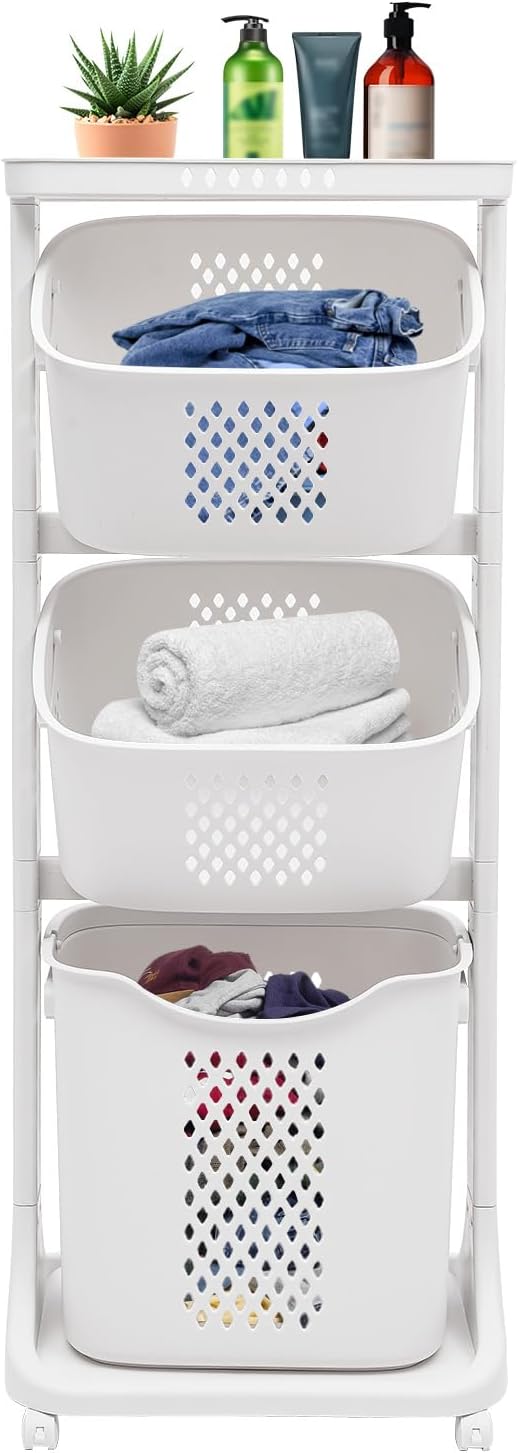 3 Tier Laundry Basket with Wheels, Laundry Basket Storage Rack Freestand Laundry Hamper Basket Sorter for Kitchens, Bathrooms, Bedrooms Clothes Storage Organizer, White