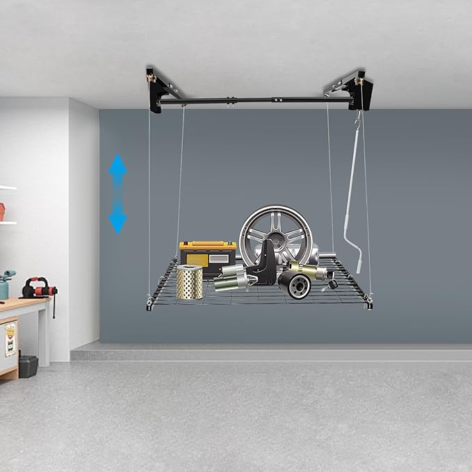 Overhead Garage Storage Rack Metal Garage Ceiling Storage Rack Ceiling Shelf Overhead Organization 300lbs Load Bearing Capacity Max Adjustable Height: 79in (48 * 48in L*W, Matte Black)