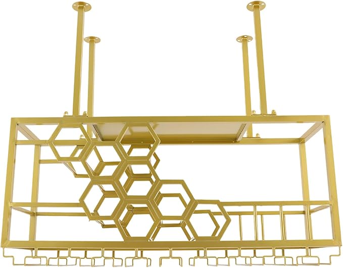 Ceiling Wine Glass Rack, Hanging Wine Rack with Glass Holder and Shelf, 2 Layer Industrial Iron Hanging Wine Bottle Holder, Metal Ceiling Shelf for Bar Cafe Kitchen, 39.4*11.8*15.8in (Gold)