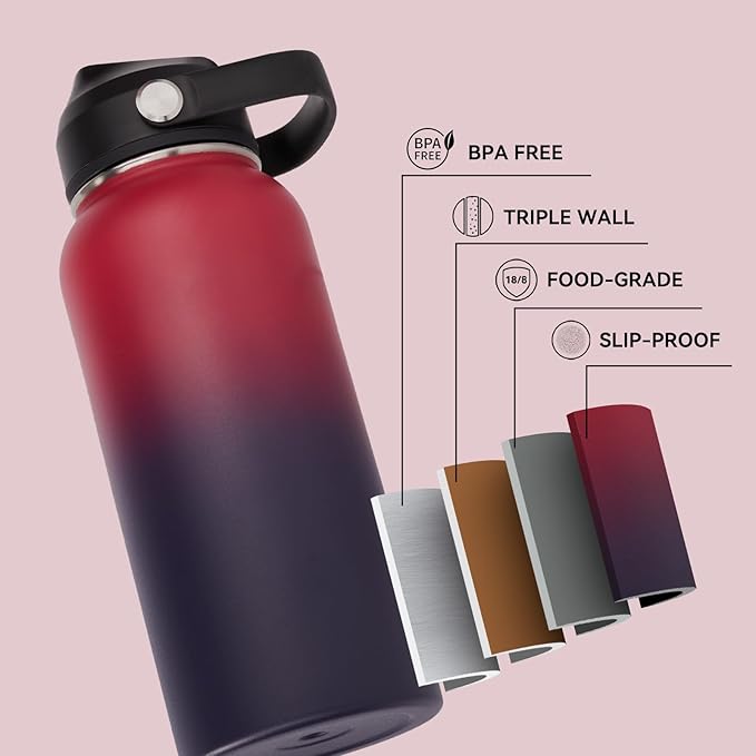 32oz Insulated Stainless Steel Water Bottle, Wide Mouth Double Wall Vacuum, Silicone Straw, Sweat & Leak Proof, BPA Free Insulated Water Flask for Travel, Keep Cold 24h Hot 12h, Red