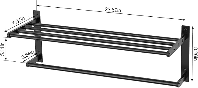 24 Inch Towel Racks for Bathroom, 2 Tire Bathroom Shelf with Towel Bar, Rustproof Wall Mounted Towel Rack SUS304 Stainless Steel, Bathroom Accessories Lavatory Towel Storage - Black