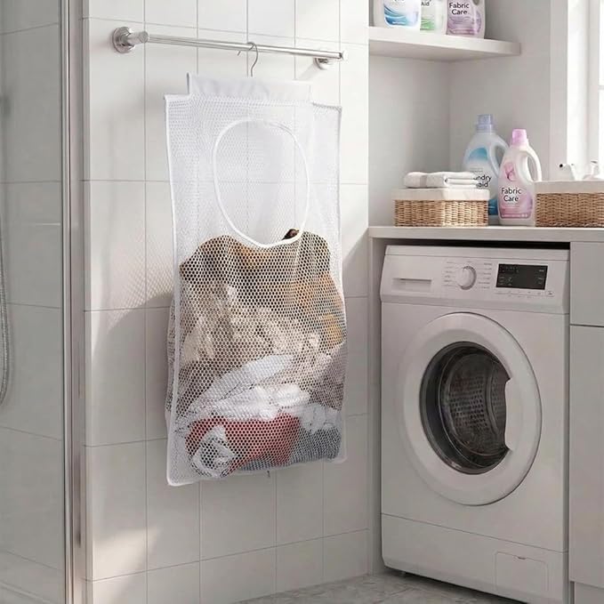 ALYER Breathable Mesh Laundry Hamper,Foldable Hanging Closet Storage Basket,Portable Space Saving Dirty Clothes Bag (White)