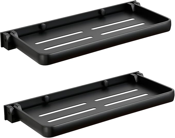 Small Folding Wall Shelf for Bathroom & RV - 90° Fold Up and Waterproof, Small Floating Metal Shelf for Laundry Room, Toilet Room & Sink Side, Aluminum, Save Space (2-Pack, Black)
