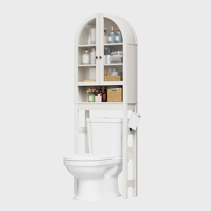 Over The Toilet Storage Cabinet, 23.7”W Modern Storage Cabinet Over Toilet with Acrylic Doors, Arched Freestanding Over Toilet Rack with Adjustable Shelf for Bathroom, White