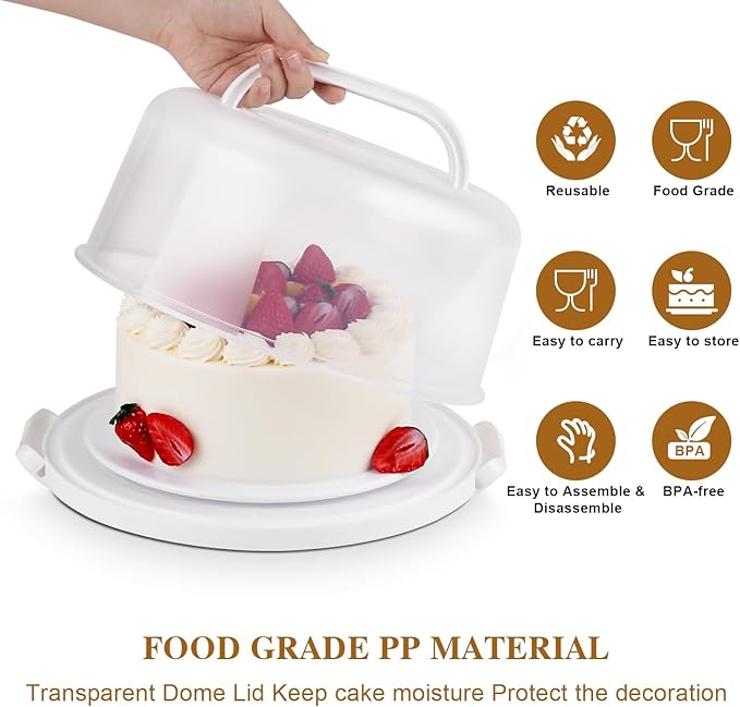 Cake Carrier with Lid and Handle, BPA-Free Cake Containers Cake Stand for 10 inch Cake with 2 Handles Cupcake Carrier - Plastic Cover Two Sided Base for Transport Pie Nuts Fruit Perfect Gifts