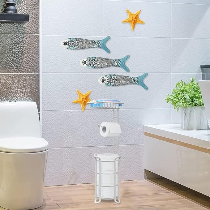 [Upgrade] Toilet Paper Holder Stand Nautical Bathroom Tissue Holders Free Standing with Top Shelf Storage Mega Rolls/Phone/Wipe-Ivory White