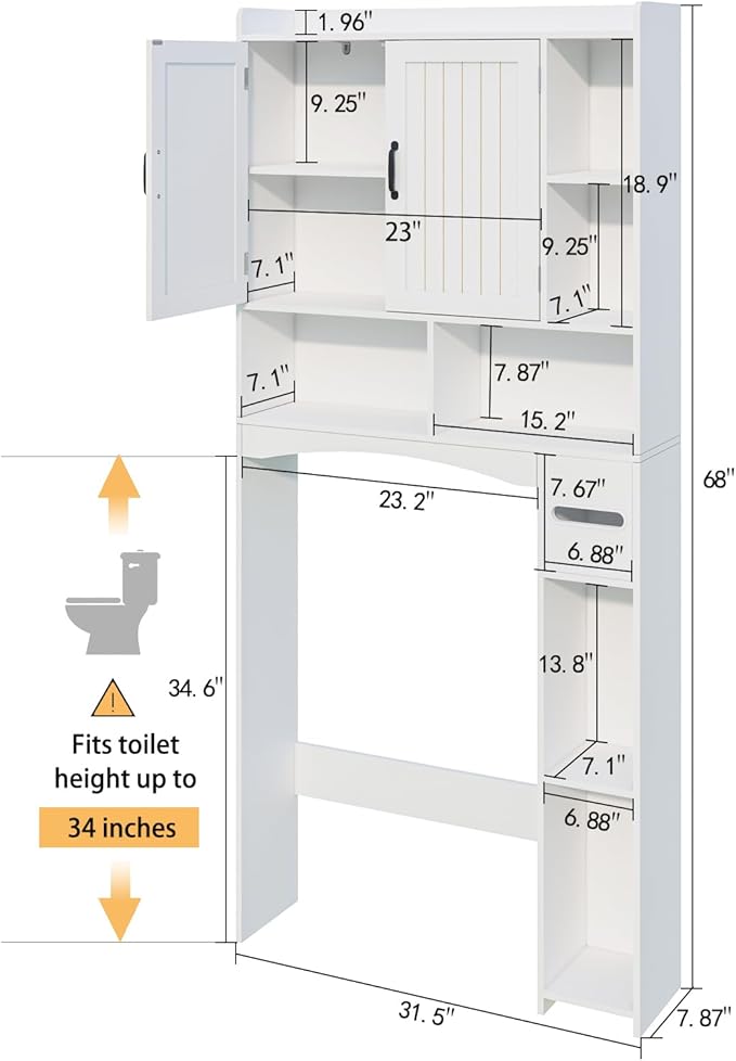 Over The Toilet Storage Cabinet, Over Toilet Bathroom Organizer, Bathroom Storage cabinets with Anti Tipping Devices, Storage cabinets with Toilet Paper Holders, for Bathroom, Laundr（White）