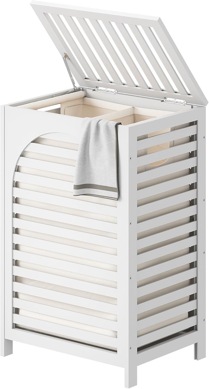 FILWH Laundry Hamper with Lid (16.9 * 13 * 26.5inches) Large Bamboo Laundry Bin Basket 85L Clothes Hamper with 1 Removable Bag Storage baskets for Bathroom (White)