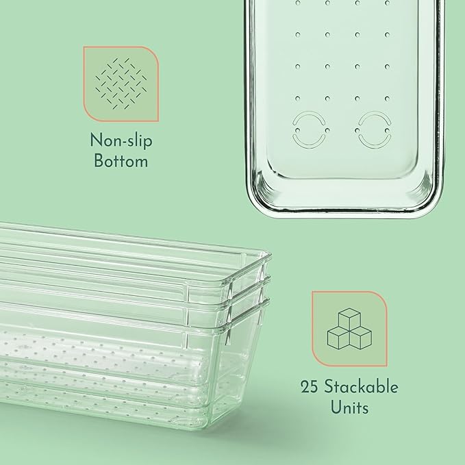 25 PCS Clear Plastic Drawer Organizers Set, 4 Sizes Clear Drawer Organizers & storage Bins for Makeup/Jewelry Vanity, Kitchen Gadgets Or Office Desk. Bathroom Drawer Organizer Trays With Non-Slip Pads