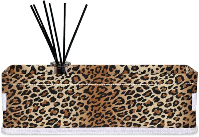 Leopard Print Bathroom Basket Foldable Toilet Tank Topper Paper Basket Waterproof Fabric Storage Organizer Bins Decorative Open Storage for Home Closet Containers Cabinet Set of 2