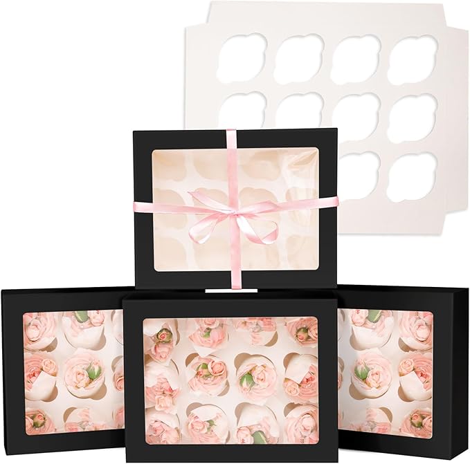 Bakepacker 12 Cupcake Containers 20-Packs Black Cupcake Box Cupcakes Carrier, 12 Cupcake Boxes with Window 13"x10"x3.5"（Auto-pop up）