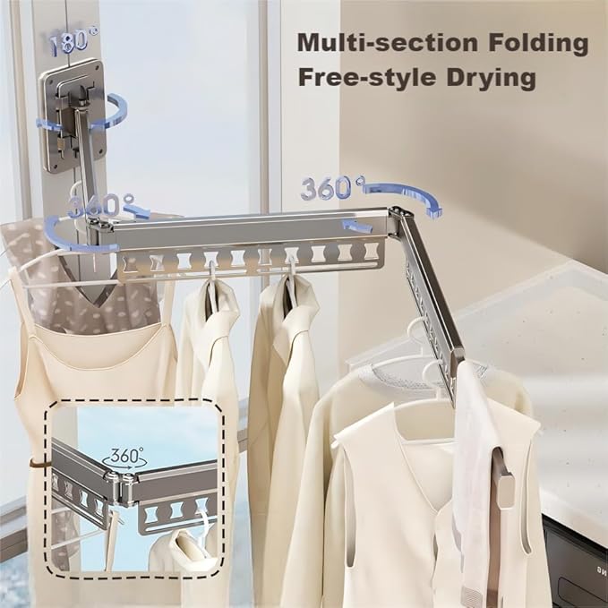 Clothes Drying Rack Wall-Mounted, 3-Fold Retractable Clothes Hanger with Windproof Holes & Detachable Design, Sturdy Foldable Laundry Rack for Balcony, Bathroom Use (Cream White)