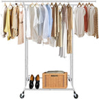 Silver Heavy Duty Double Rod Garment Rack for Hanging Clothes Chrome, Commercial Rolling Clothes Organizer Commercial Metal with Lockable Wheels Mobile for Coats Dresses