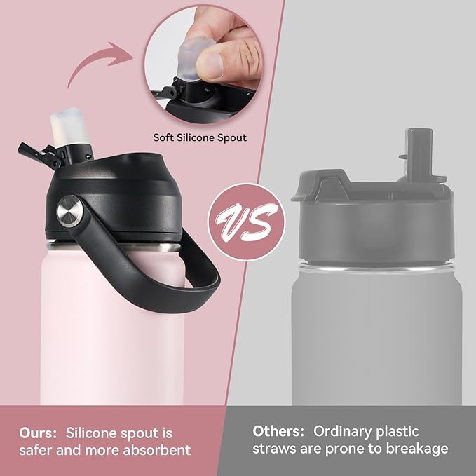 24oz Insulated Stainless Steel Water Bottle, Wide Mouth Double Wall Vacuum, Silicone Straw, Sweat & Leak Proof, BPA Free Insulated Water Flask for Travel, Keep Cold 24h Hot 12h, Light Pink