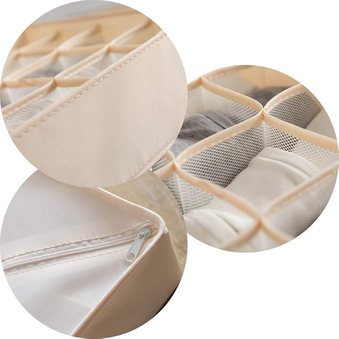 ALYER Collapsible Bra(A-C Cup) Drawer Organizer,Durable Cloth Storage Box Bins Dividers for Panties,Underwear,Socks,Lingerie(Beige-7 Cells)