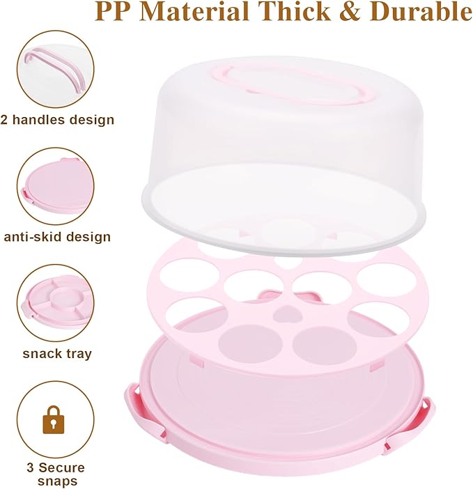 Cake Container - Cake Carrier with Lid and Handle， BPA-Free Cake Holder for 10 inch Cake with 2 Handles Cupcake Carrier - Plastic Cover Two Sided Base for Transport Pies Nuts Fruit Perfect Gifts