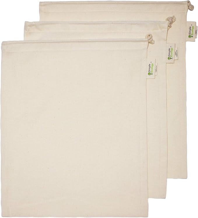 Simple Ecology Reusable Grocery Produce Shopping and Storage Bags, Organic Cotton Muslin, Large 3 pack