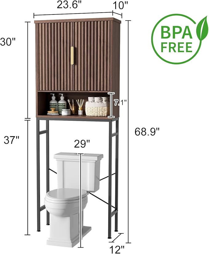 Over The Toilet Storage Cabinet with Fluted Doors and Adjustable Shelf, Tall Bathroom Organizer with Metal Stand Space Saver Over Toilet, Wood Rack for Bathroom, Restroom, Laundry