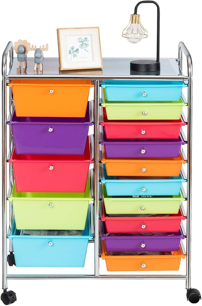 RELAX4LIFE 15 Drawer Rolling Storage Cart, Mobile Drawer Carts for Craft Art Supply Paper Salon, Utility Cart on Wheels for Classroom Teacher School Office, Rolling Cart with Drawers (Multi-Color)