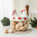 Egg Storage Baskets for Fresh Eggs, Kitchen Countertop Storage Organization Egg Dispenser, Ceramic Chicken Lid with Wire Basket, Holds 20-25 Eggs