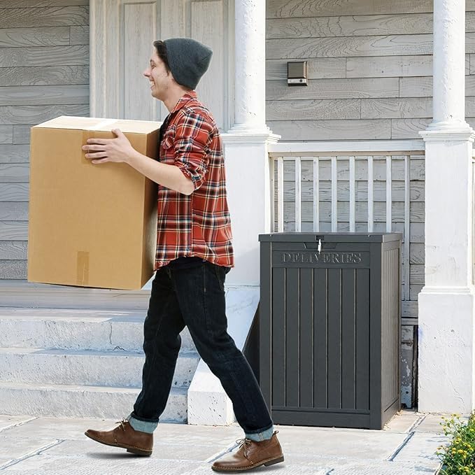 57 Gallon Resin Package Delivery Box - Rust & Moisture Resistant, Lockable, Waterproof Deck Box for Porches, Patios, Indoor & Outdoor Use (Blcak, 57 GALLON)