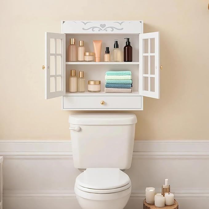 ShellKingdom Over The Toilet Storage Cabinet, Wall Mount Bathroom Cabinet, Narrow Bathroom Wall Cabinet with Doors and Shelf for Towel, Toilet Paper Storage, 17.71 x 15.35 x 6.69 inch