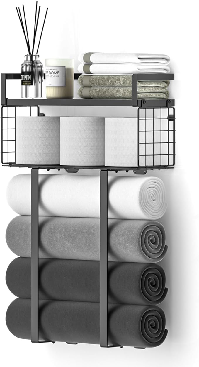 Towel Racks for Bathroom, Metal Towel Holder with Storage Basket,Wall Towel Rack for Rolled Towels, Towel Storage for Small Bathroom,Black