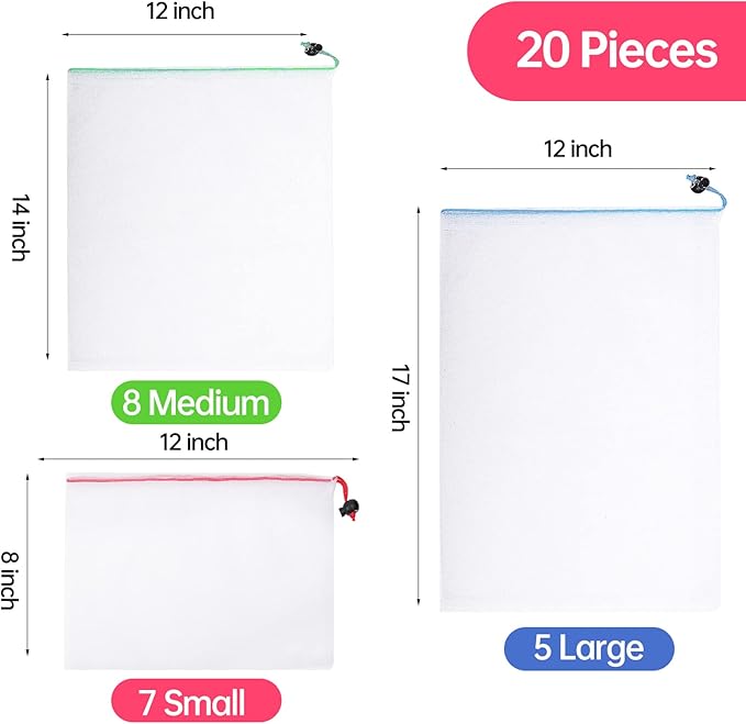 20 Pack Reusable Produce Bags,See-Through Mesh Produce Bags With Drawstring,Washable Toy Storage Mesh Bags for Playroom Organization,Mesh Storage Toy Bags for Storage Toy Fruits Vegetables,3 Sizes