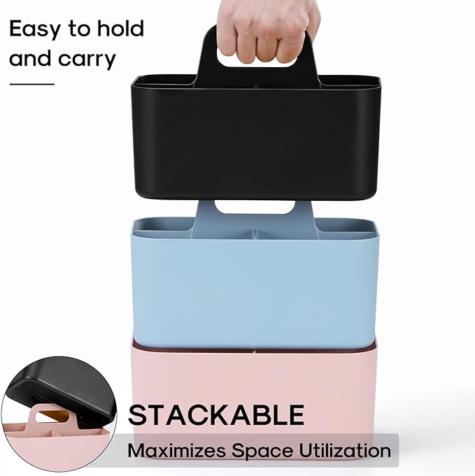 Multiuse Caddy Organizer with Handle - Stackable Plastic Tote Bin - Art Craft Supplies, Office, Desk, Stationery Pen Holder, Kitchen, Utensil, Makeup, Bathroom, Shower, Cleaning, Dorm Organizer -Black