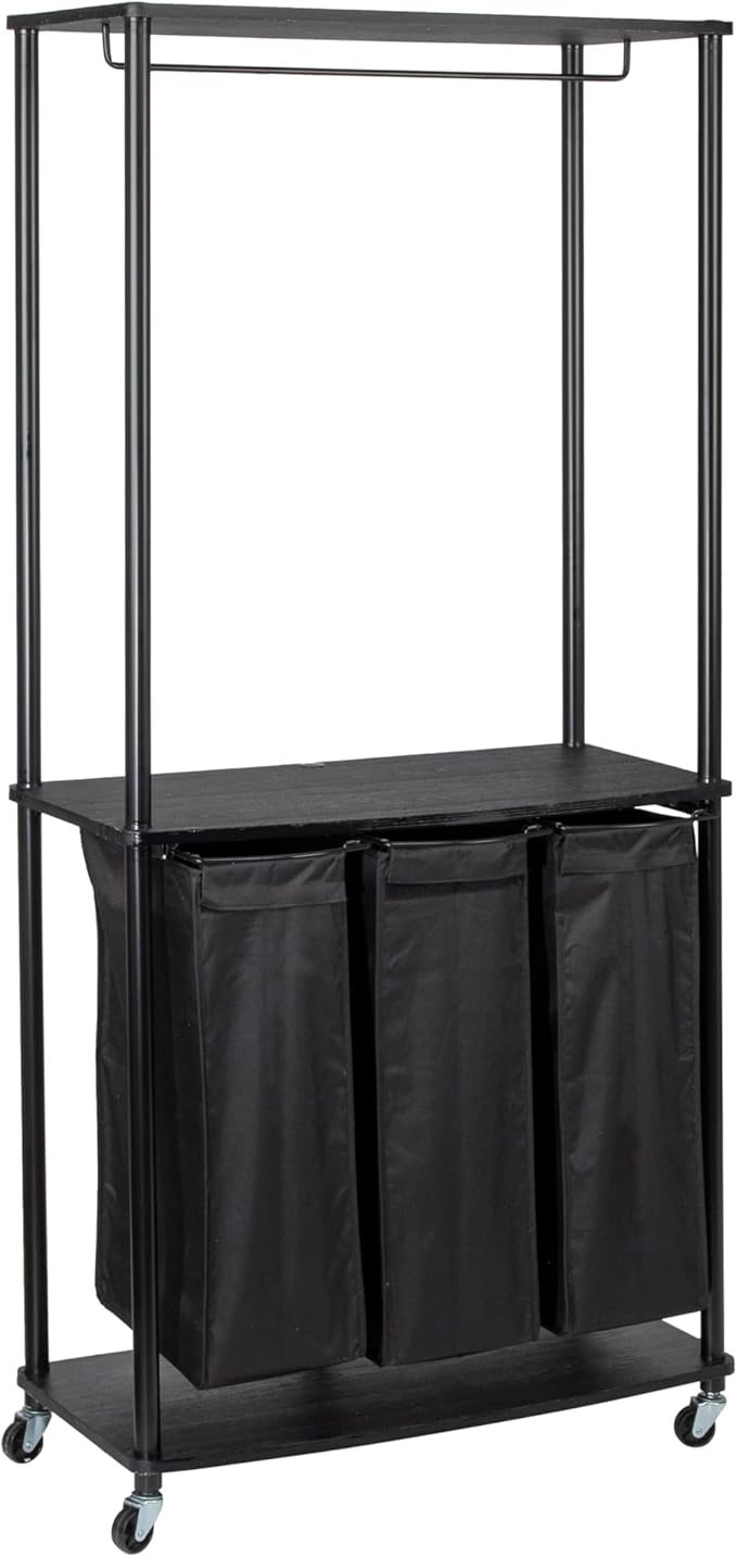 Household Essentials 3-Bag Laundry Center, Smooth Laminate Shelving, Sturdy Steel Frame