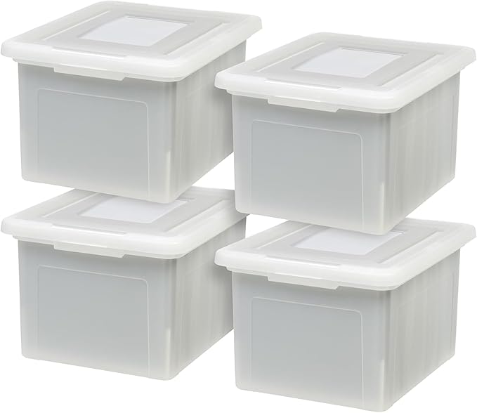 IRIS USA 8 Pack File Box, Plastic File Organizer with Lids for Letter/Legal File, Portable Document Box, Storage Bin with Secure Lid, Pearl 35 Qt.