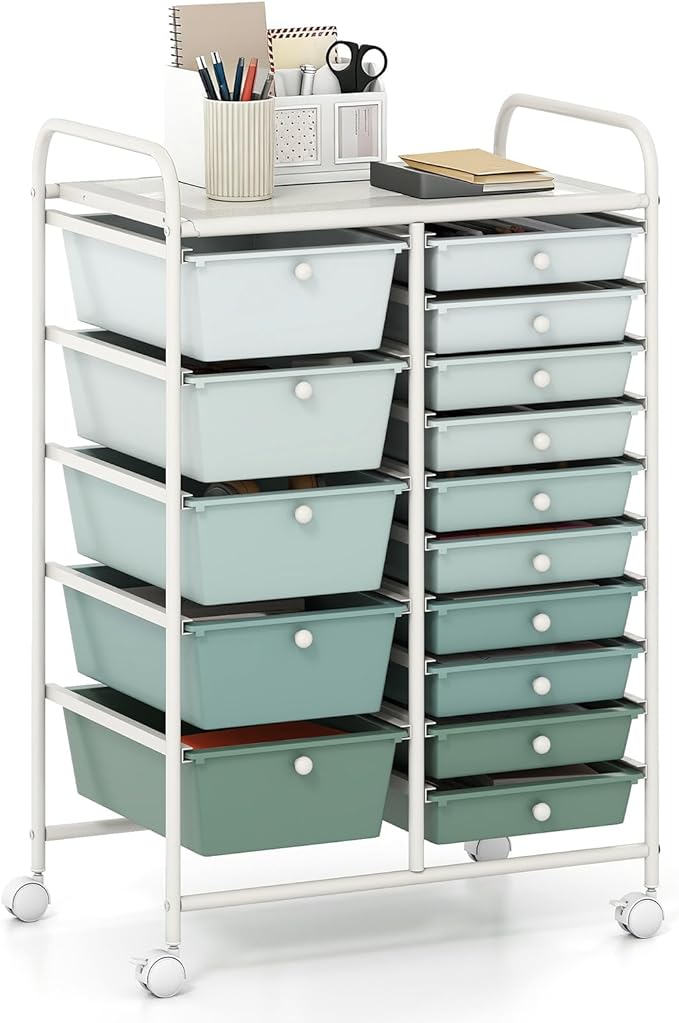 LUARANE Rolling Cart with 15 Drawers, Craft Storage Cart with Portable Handles & Lockable Wheels, Mobile Toys Organizer, Large Capacity Utility Drawer Cart Home Office School Teacher (Gradient Green)