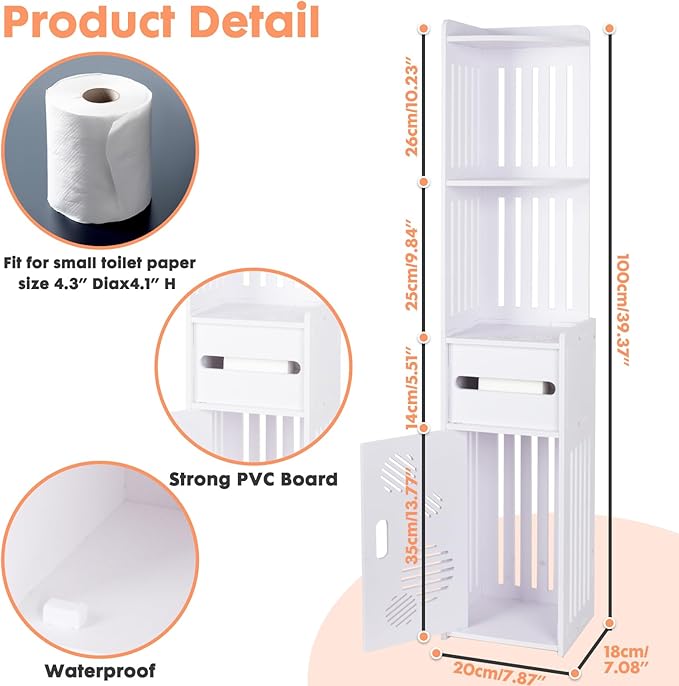 ShellKingdom Toilet Paper Holder Stand, Tall & Slim Bathroom Storage Cabinet, Freestanding Corner Shelf, Bathroom Cabinet for Small Space, Corner Shelf, 39.37 x 7.87 x 7.08 inch (White)