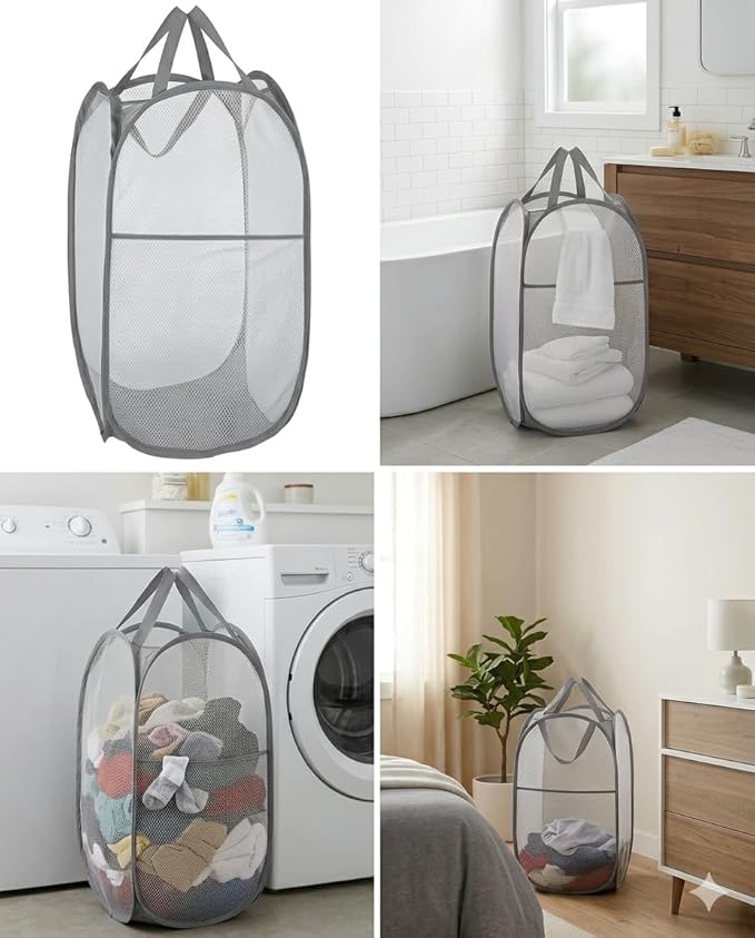 Mesh Large Pop Up Laundry basket, Collapsible Laundry Hampers with Handles, Foldable Dirty Clothes Hampers for Bathroom, College Dorm, Travel, Gray