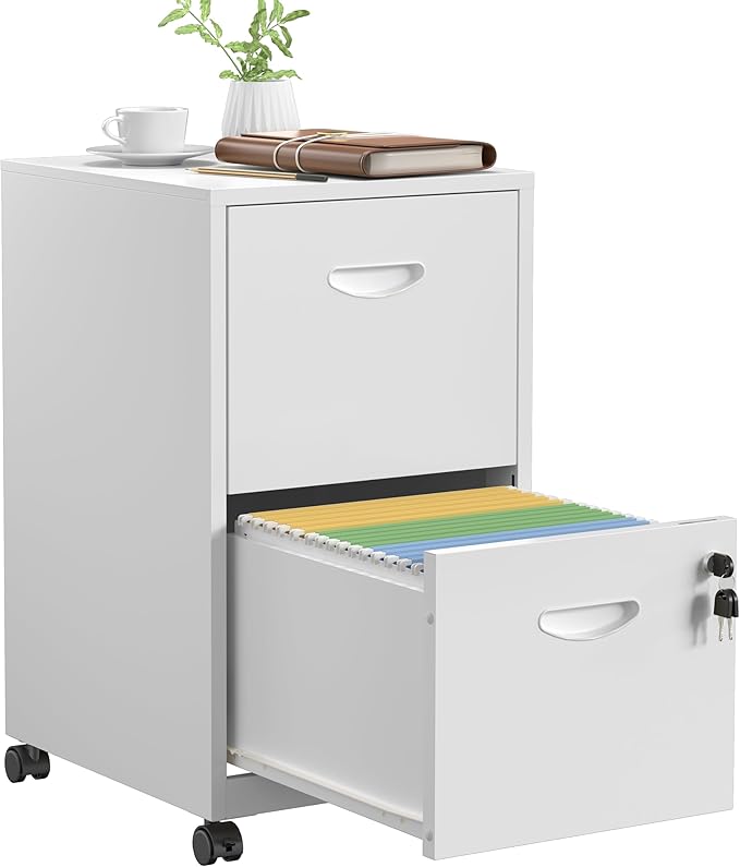 2 Drawer File Cabinet with Lock，White Rolling File Cabinet for Home Office, Metal Small Mobile Filing Cabinets on Wheels for Hanging Letter