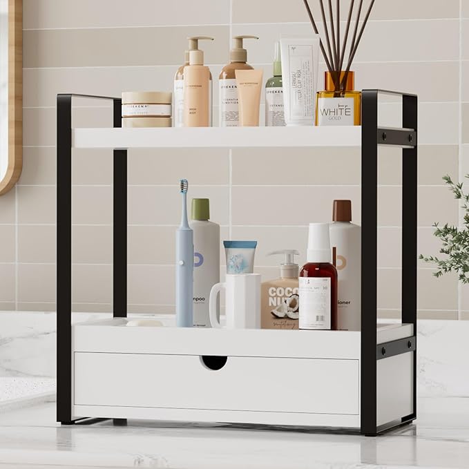 2-Tier Bathroom Organizer Countertop with Drawer, Wood Bathroom Counter Shelf for Storage, Vanity Organizer Countertop for Kitchen, Office