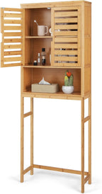Giantex Over The Toilet Storage Cabinet, 3-Tier Bamboo Bathroom Space Saver with 2 Louver Doors, Open Shelf, Adjustable Bottom Bar, Over Toilet Bathroom Organizer for Laundry, Balcony, Restroom