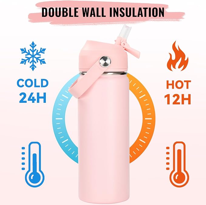 18oz Insulated Stainless Steel Water Bottle, Wide Mouth Double Wall Vacuum, Silicone Straw, Sweat & Leak Proof, BPA Free Insulated Water Flask for Travel, Keep Cold 24h Hot 12h, Coral Pink
