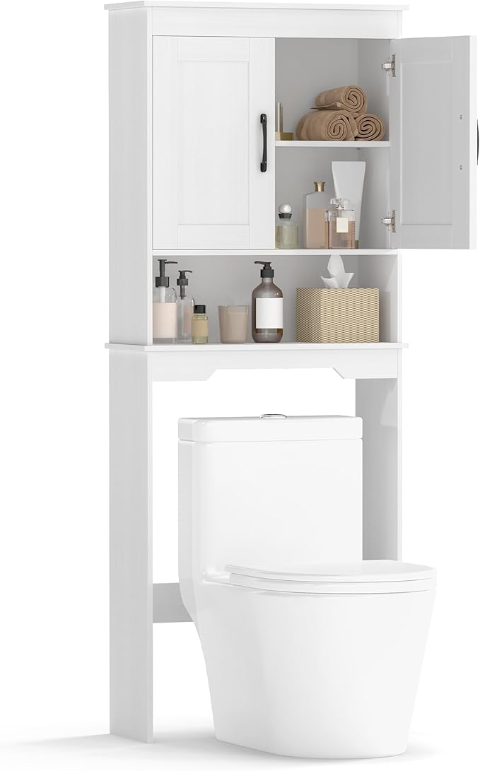 Tangkula Over The Toilet Storage Cabinet, Bathroom Space Saver Organizer with Dual Doors, Open Shelf, 5-Level Adjustable Inner Shelf, Bathroom Cabinet Above Toilet for Restroom, Laundry (White)