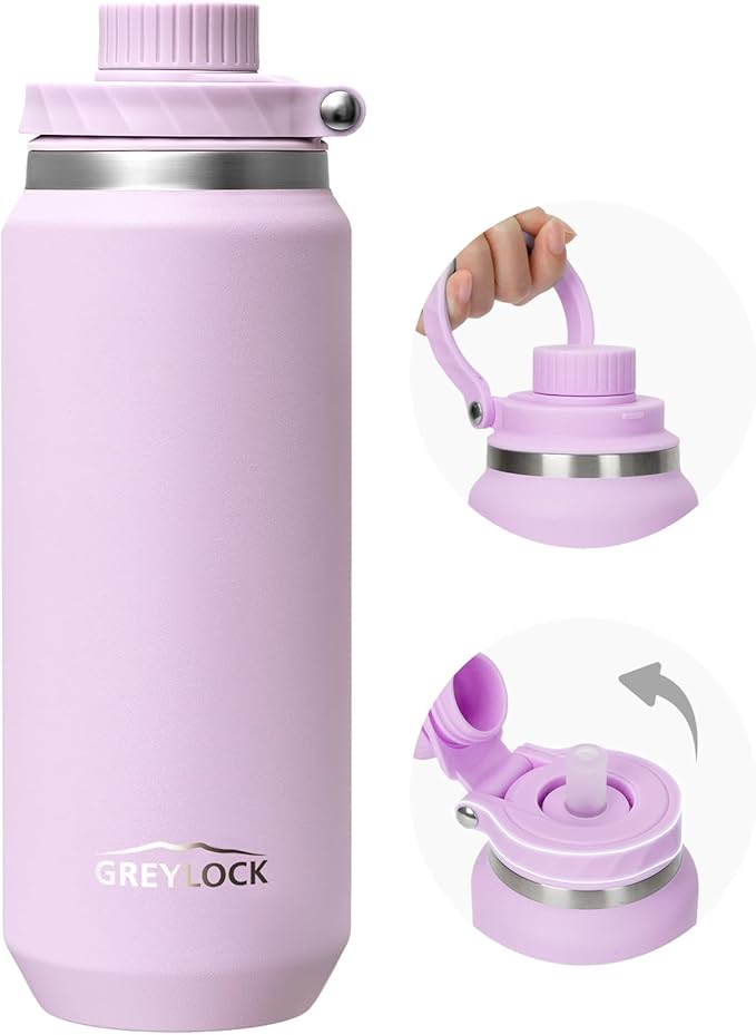 Greylock 20 oz Insulated Water Bottle with Straw Lid, Reusable Stainless Steel Sports Water Bottles with Foldable Handle, Leak Proof, Double-Wall Vacuum Insulation, 24 Hours Cold (Lilac)