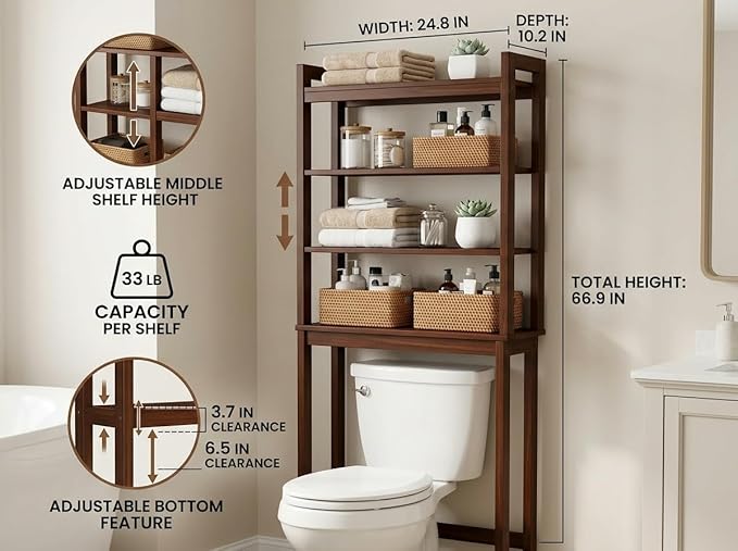 Over the Toilet Storage, 3-Tier Bamboo Bathroom Organizer with Adjustable Shelf, Space-Saving Rack, 66.9" Tall (Rust Brown)