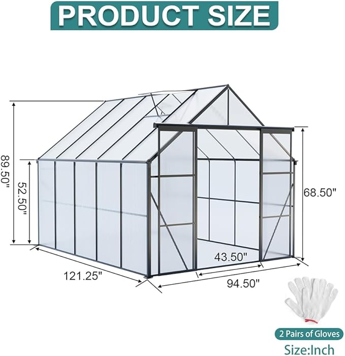 Double Sliding Door Polycarbonate Greenhouse with Rain Gutter and Roof Vent, Raised Base and Anchor Aluminum Heavy Duty Walk-in Green House, Outdoor Patio Sunroom (Black, 121.25*94.5*89.5in)