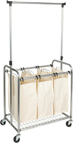 Household Essentials 3-Bag Laundry Sorter with Clothes Rack, Silver, Lightweight, Removable, Sturdy