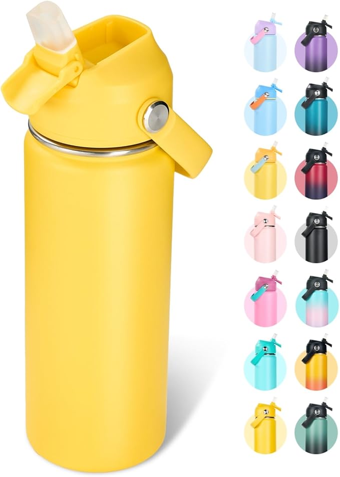 18oz Insulated Stainless Steel Water Bottle, Wide Mouth Double Wall Vacuum, Silicone Straw, Sweat & Leak Proof, BPA Free Insulated Water Flask for Travel, Keep Cold 24h Hot 12h, Yellow