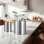 KSENDALO Stainless Steel Utensil Holder for Counter, Brushed Metal Utensil Crock Canister for Cooking Utensils on Countertop, with Heavy Base, Dishwasher Safe,Silver