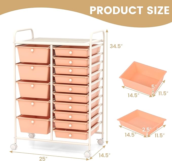 LUARANE Rolling Cart with 15 Drawers, Craft Storage Cart with Portable Handles & Lockable Wheels, Mobile Toys Organizer, Large Capacity Utility Drawer Cart Home Office School Teacher (Peach)